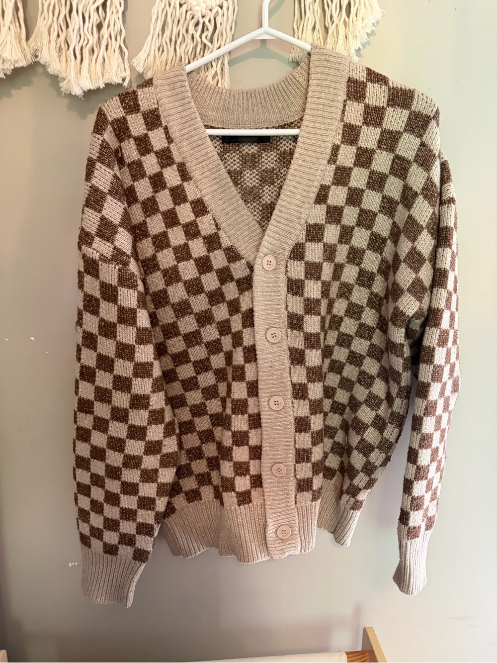 Oak and Fort Brown & Cream Checkered V-Neck Cardigan